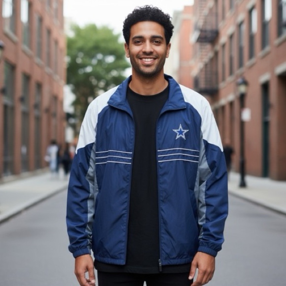 Reebok Men's Navy and Light Gray Windbreaker with Star Detail